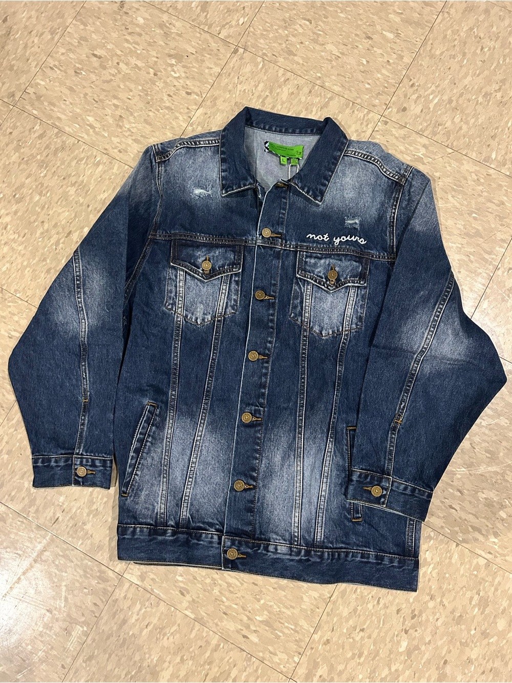 NWT Dark Blue Denim Jacket with 'not yours' Embroidery